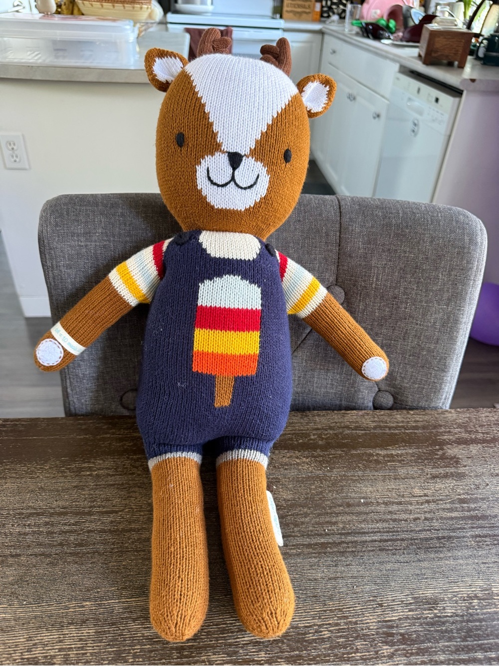 Brown Knit Deer Plush Toy with Navy Overalls - Unbranded